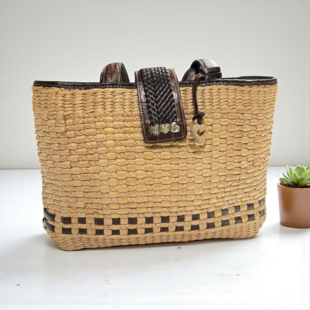 Brighton Woven Straw Tote with Dark Brown Leather Trim